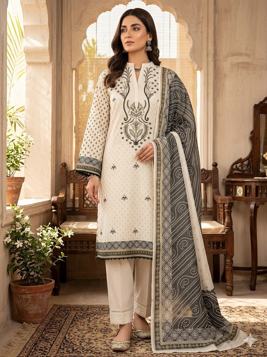 Off-White Embroidered Lawn Suit with Charcoal Printed Dupatta – 3 Piece (Unstitched)