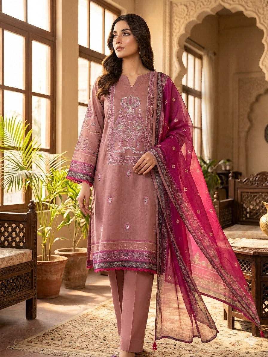 Dusty Mauve Embroidered Lawn Suit with Magenta Printed Dupatta – 3 Piece (Unstitched)