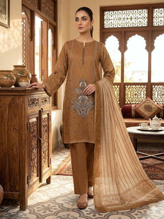 Camel Brown Embroidered Lawn Suit with Beige Printed Dupatta – 3 Piece (Unstitched)