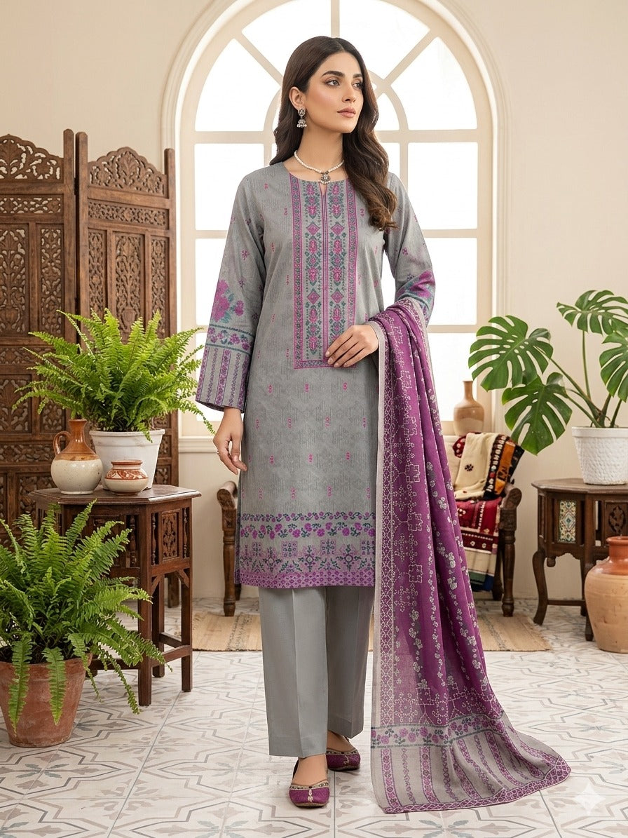 Grey Embroidered Lawn Suit with Printed Purple Dupatta – 3 Piece (Unstitched)