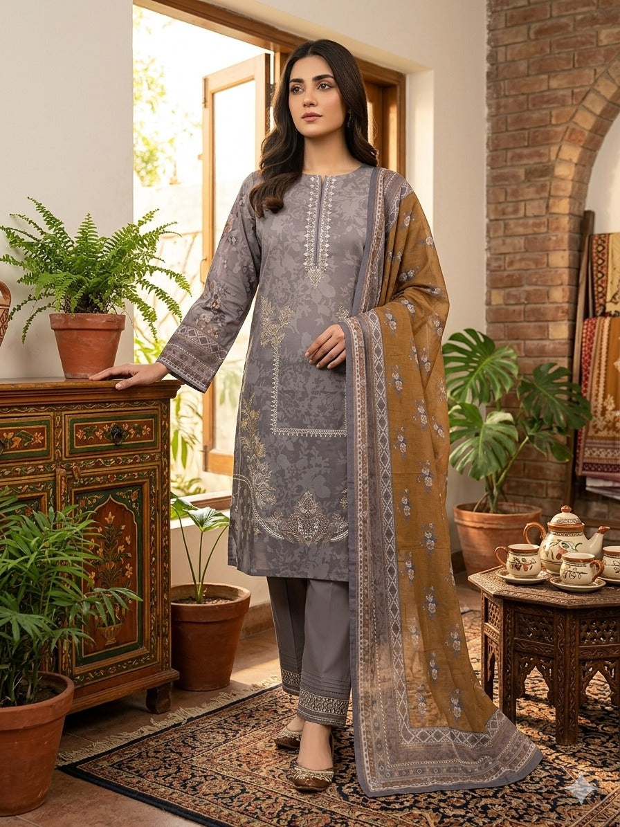 Grey Embroidered Lawn Suit with Mustard Printed Dupatta – 3 Piece (Unstitched)
