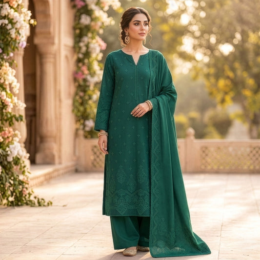 Emerald Green Embroidered Lawn Suit with Printed Dupatta (Unstitched)