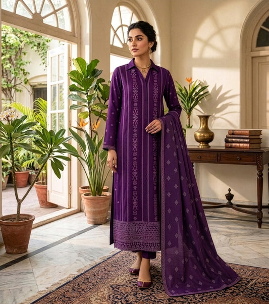 Royal Purple Embroidered Lawn Suit with Printed Dupatta (Unstitched)