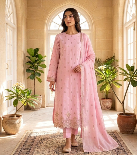 Blush Pink Embroidered Lawn Suit with Printed Dupatta (Unstitched)