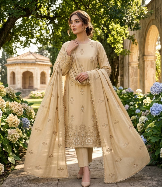 Champagne Beige Embroidered Lawn Suit with Printed Dupatta (Unstitched)
