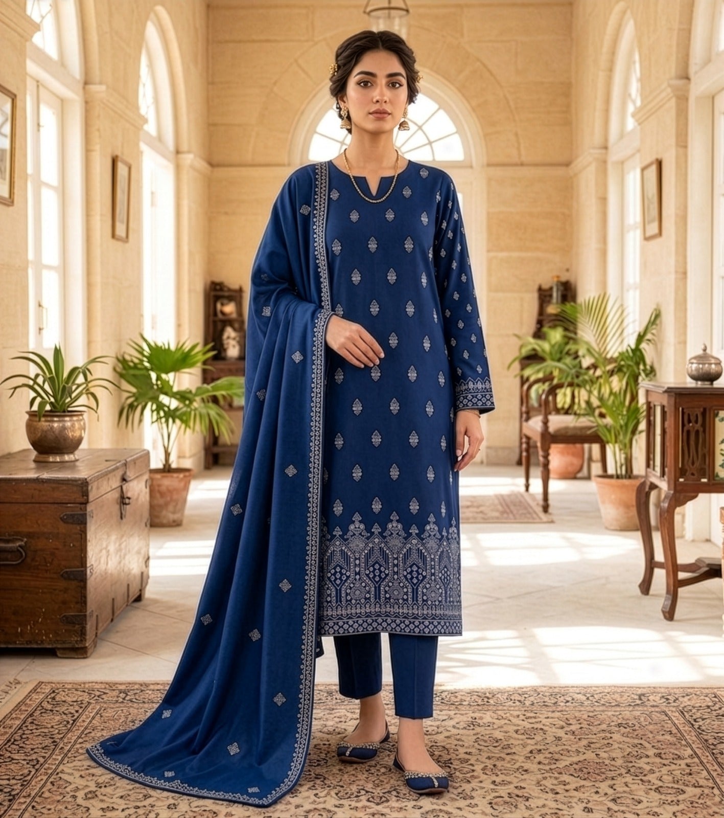 Royal Blue Embroidered Lawn Suit with Printed Dupatta (Unstitched)