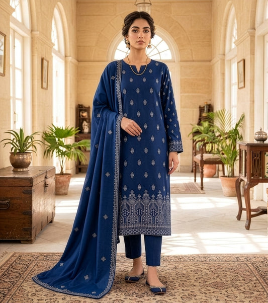 Royal Blue Embroidered Lawn Suit with Printed Dupatta (Unstitched)