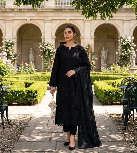 Classic Black Embroidered Lawn Suit with Printed Dupatta (Unstitched)