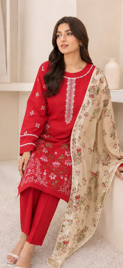 Ruby Red Ready-to-Wear Embroidered Lawn Suit with Printed Dupatta (Stitched)
