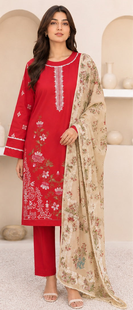 Ruby Red Ready-to-Wear Embroidered Lawn Suit with Printed Dupatta (Stitched)