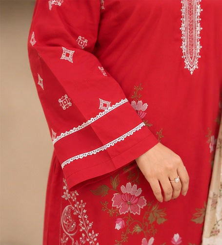 Ruby Red Ready-to-Wear Embroidered Lawn Suit with Printed Dupatta (Stitched)