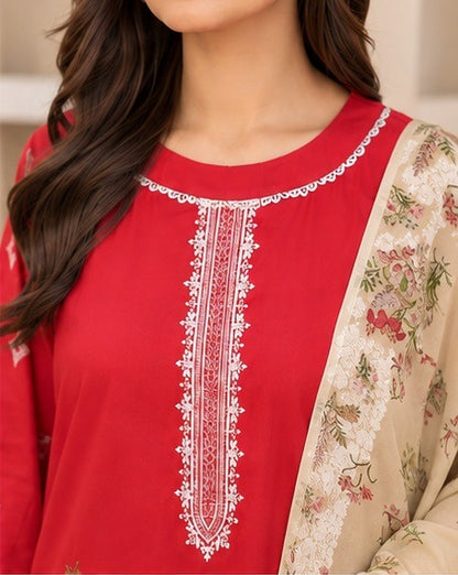Ruby Red Ready-to-Wear Embroidered Lawn Suit with Printed Dupatta (Stitched)